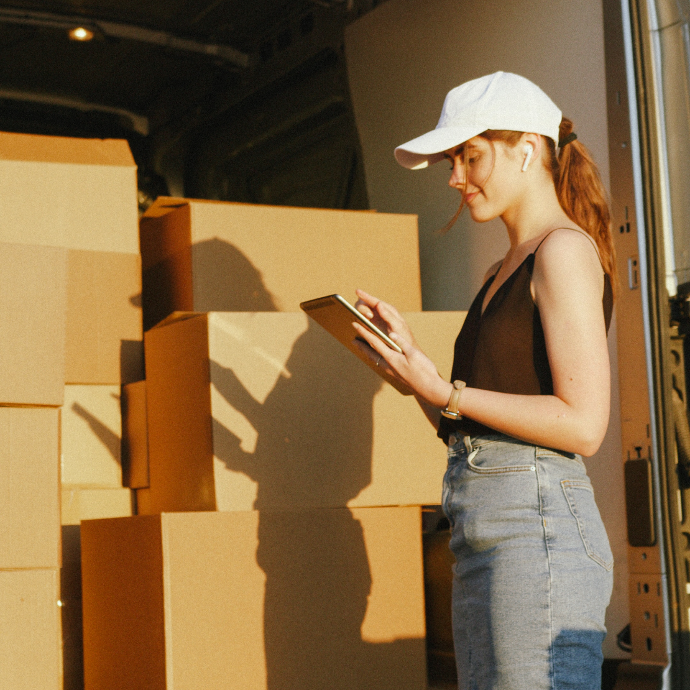 Femme avec un iPad dans la main à coté d'un camion de livraison rempli de colis