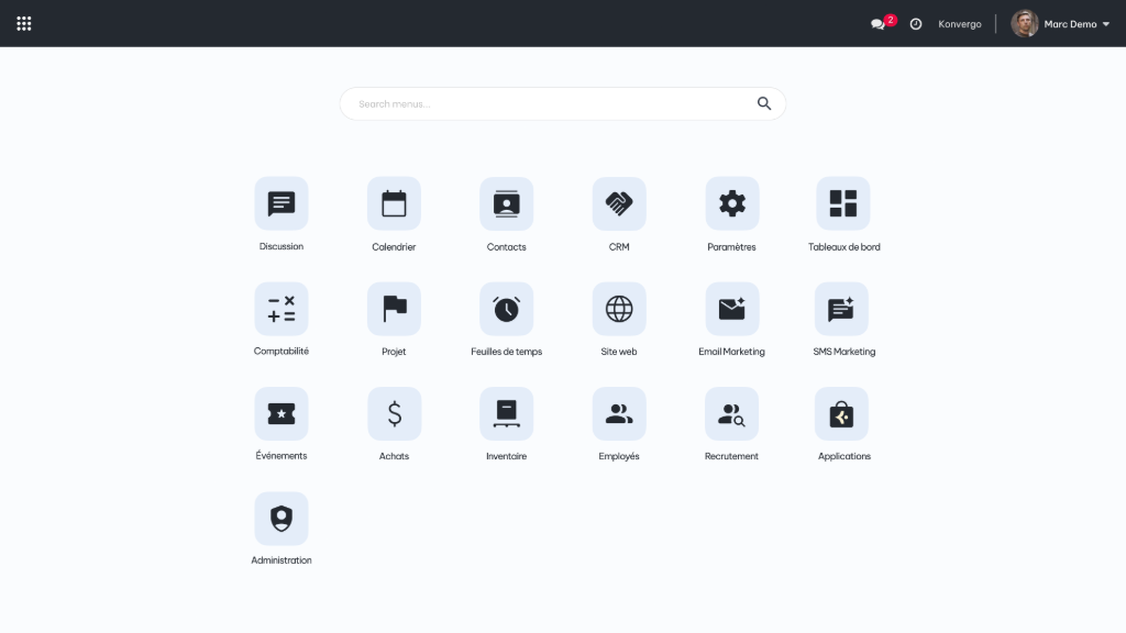 Interface d'applications de Konvergo ERP