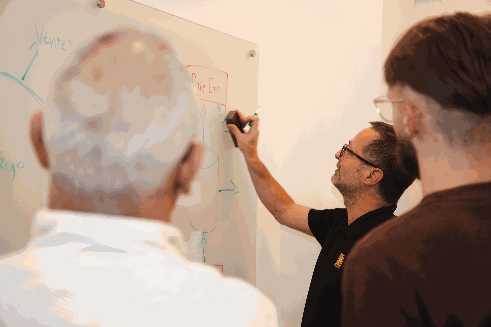 Consultant Numigi planifiant des processus d'automatisation sur un tableau blanc