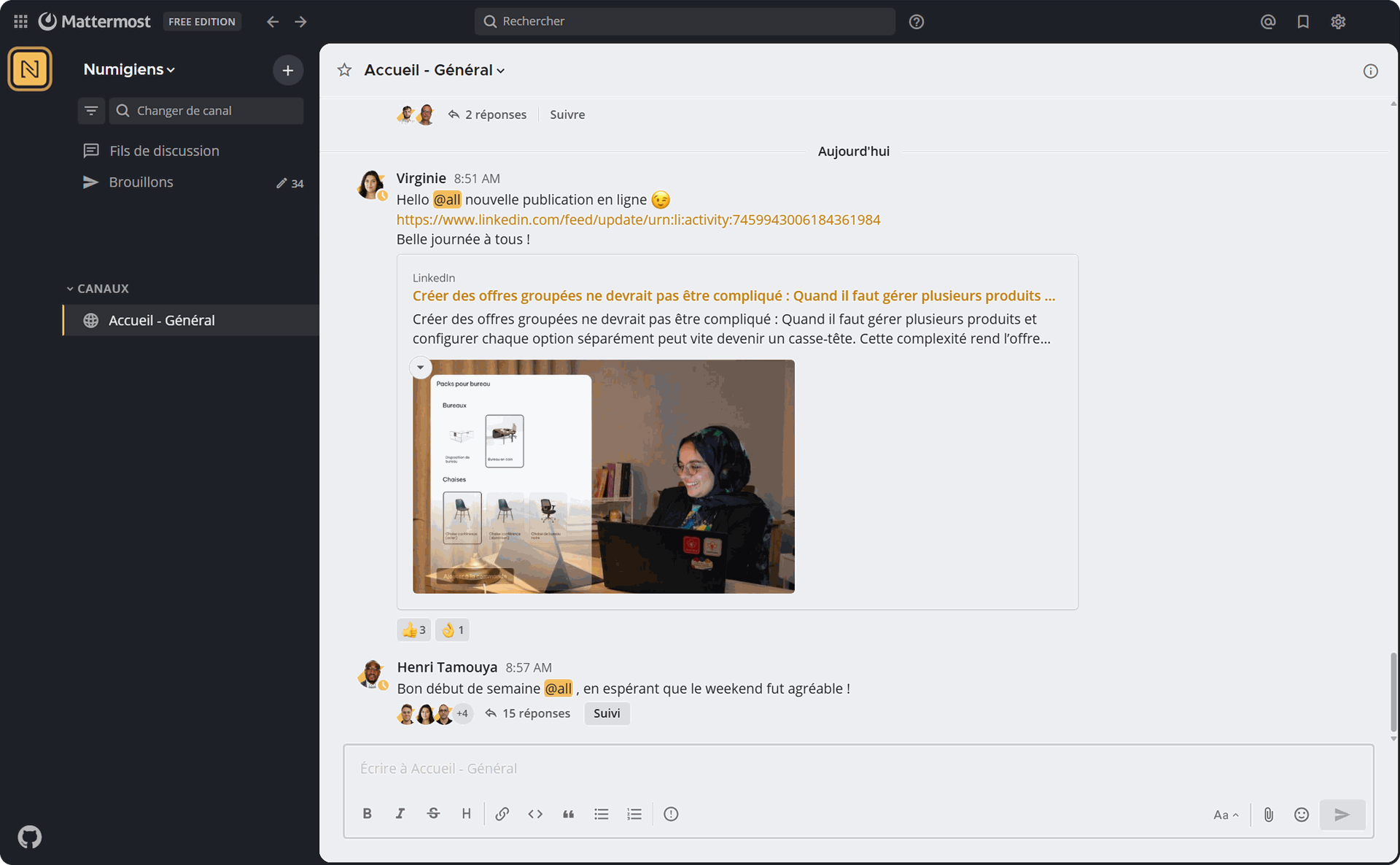 Interface de messagerie Open Source Mattermost utilisée par Numigi